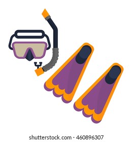 Snorkel mask and flippers for diver. Set of diving equipment. Objects isolated on background. Flat and cartoon vector illustration.