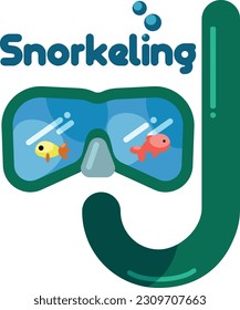 Snorkel mask with text snorkeling. 
Vector print, logotype, graphic resurce