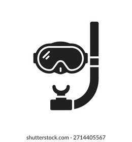 Icono de Vector negro sólido de tubo de máscara de buceo aislado de fondo blanco Equipo de buceo subacuático Ilustración gráfica de diseño de símbolo de respiración