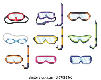 Snorkel masks for diving and swimming of different types. Illustration of scuba diving, swimming masks with snorkel and goggles. Realistic diver equipment for summer holidays