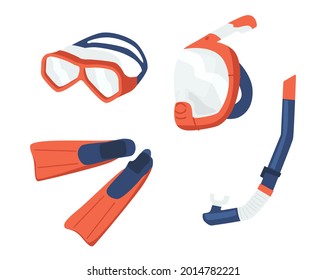 Snorkel Masks and Flippers Isolated on White Background. Scuba Diving Equipment Glasses, Mouthpiece Tube and Underwater Rubber Flippers for Swimming in Sea or Pool. Cartoon Vector Illustration