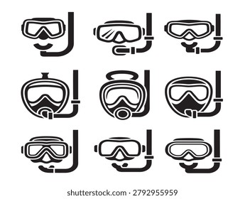 Snorkel masks icon set, solid black silhouettes, nobody
