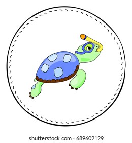Snorkel turtle isolated on white background. Sea turtle cartoon vector illustration. Underwater tortoise round patch. Cartoon turtle snorkeling. Nursery clipart with tropical sea animal. Marine fauna