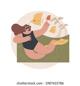 Snorkeling abstract concept vector illustration. Coral reef, underwater mask, summer vacation, scuba diving equipment, sea water, active tourism, exotic travel, lagoon abstract metaphor.