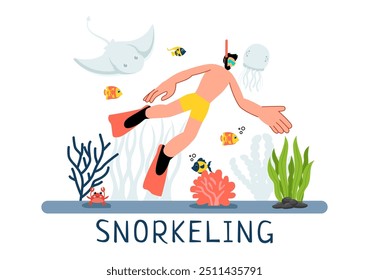 Snorkeling Adventure Vector Illustration featuring Underwater Swimming, Exploring the Sea, Coral Reefs, and Fish in a Flat Style Cartoon Background