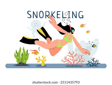 Snorkeling Adventure Vector Illustration featuring Underwater Swimming, Exploring the Sea, Coral Reefs, and Fish in a Flat Style Cartoon Background