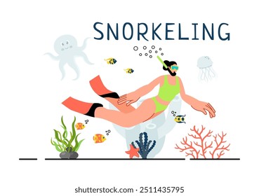 Snorkeling Adventure Vector Illustration featuring Underwater Swimming, Exploring the Sea, Coral Reefs, and Fish in a Flat Style Cartoon Background