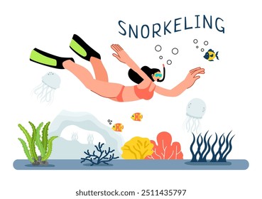 Snorkeling Adventure Vector Illustration featuring Underwater Swimming, Exploring the Sea, Coral Reefs, and Fish in a Flat Style Cartoon Background