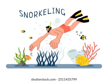 Snorkeling Adventure Vector Illustration featuring Underwater Swimming, Exploring the Sea, Coral Reefs, and Fish in a Flat Style Cartoon Background