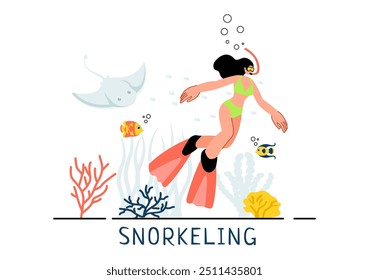 Snorkeling Adventure Vector Illustration featuring Underwater Swimming, Exploring the Sea, Coral Reefs, and Fish in a Flat Style Cartoon Background