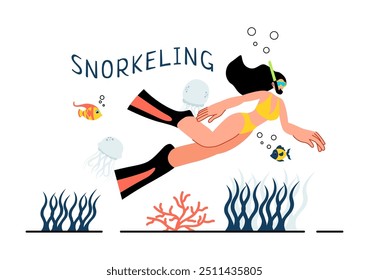 Snorkeling Adventure Vector Illustration featuring Underwater Swimming, Exploring the Sea, Coral Reefs, and Fish in a Flat Style Cartoon Background