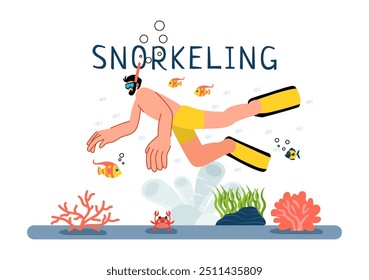 Snorkeling Adventure Vector Illustration featuring Underwater Swimming, Exploring the Sea, Coral Reefs, and Fish in a Flat Style Cartoon Background