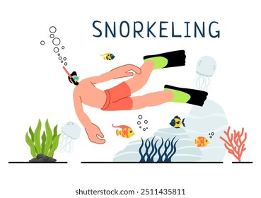 Snorkeling Adventure Vector Illustration featuring Underwater Swimming, Exploring the Sea, Coral Reefs, and Fish in a Flat Style Cartoon Background