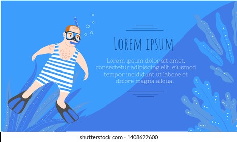 Snorkeling banner temlate. Swimming in sea or ocean masked and snorkel. Scuba diving. Vector