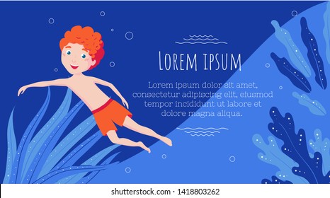 Snorkeling banner temlate. Swimming in sea or ocean masked and snorkel. Scuba diving. The boy swims.