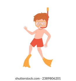 Snorkeling boy, flat cartoon vector illustration on white background. Cute kid in flippers and snorkel underwater, child is swimming. Design element for children's goods, diving and underwater sports.