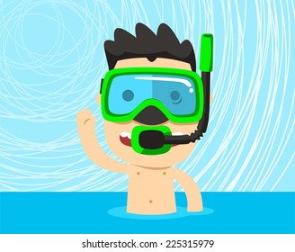 Snorkeling boy with snorkel mask vector illustration.
