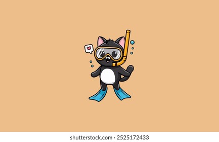 Snorkeling cat in fins with a heart speech bubble