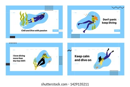 Snorkeling Characters Underwater Fun Activities Website Landing Page Set, Hobby, Swimming, Photographing, Scuba Diving with Spear Fishing Equipment Web Page. Cartoon Flat Vector Illustration, Banner