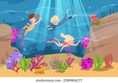 Snorkeling children with masks, tubes and flippers scene flat style, vector illustration. Happy characters swimming underwater, corals and seaweeds, nature and wildlife