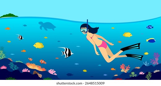 Mergulhador mergulhador na ilustração colorida do vetor do recife de coral, menina de snorkel de biquíni rosa com peixes marinhos sob o oceano marinho tropical. Viajante mulher explora debaixo d'água, desfrutar de atividades ao ar livre em férias 
