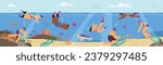 Snorkeling and diving banner backdrop template with people characters, flat cartoon vector illustration. Activity or pastime of swimming using a snorkel.