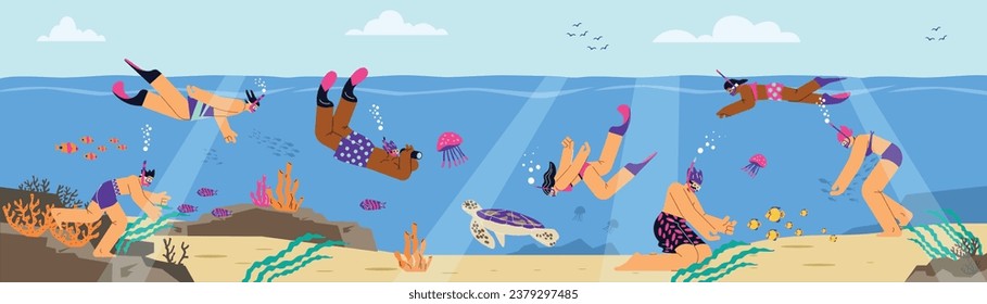 Snorkeling and diving banner backdrop template with people characters, flat cartoon vector illustration. Activity or pastime of swimming using a snorkel.