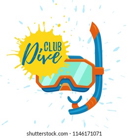 Snorkeling and diving center vector logo illustration. Colorful scuba sign icon. Underwater deep sea concept on watercolor splash background for sport advertisement, web, flyers