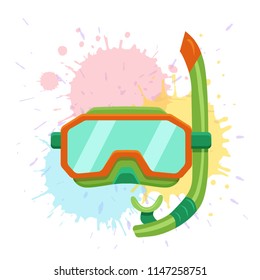 Snorkeling and diving center vector logo illustration. Colorful scuba sign icon. Underwater deep sea concept on watercolor splash background for sport advertisement, web, flyers