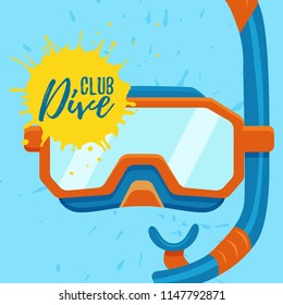 Snorkeling and diving center vector logo illustration. Colorful scuba sign icon. Underwater deep sea concept on watercolor splash background for sport advertisement, web, flyers