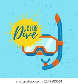 Snorkeling and diving center vector logo illustration. Colorful scuba sign icon. Underwater deep sea concept on watercolor splash background for sport advertisement, web, flyers