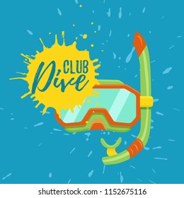 Snorkeling and diving center vector logo illustration. Colorful scuba sign icon. Underwater deep sea concept on watercolor splash background for sport advertisement, web, flyers