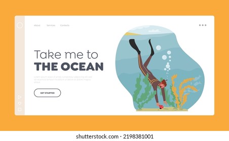 Snorkeling or Diving Landing Page Template. . Man Scuba Diver in Swimming Suit Pick Up Shell from Sea Bottom. Male Character in Flippers and Mask Oxygen Explore Ocean. Cartoon Vector Illustration