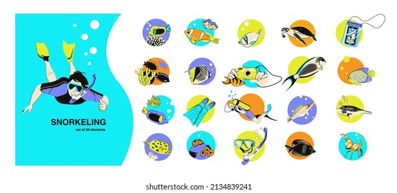 Snorkeling and diving, set of 20 vector elements on dice fish, flippers, corals, turtles, underwater world. Vector illustration in flat cartoon style