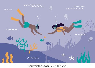 Snorkeling and diving underwater. Couple of tourist divers, tanned people with oxygen masks, goggles and tube, swimming under water, exploring marine coral reef, seabed. flat vector illustration