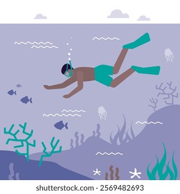 Snorkeling and diving underwater. Tourist diver, tanned man with oxygen masks, goggles and tube, swimming under water, exploring marine coral reef, seabed, bottom nature. Flat vector illustration