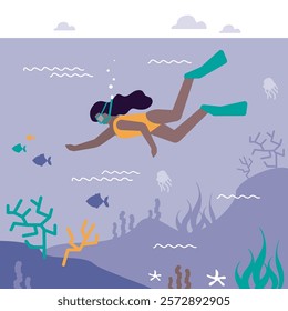 Snorkeling and diving underwater. Tourist diver, tanned woman with oxygen masks, goggles and tube, swimming under water, exploring marine coral reef, seabed, bottom nature. flat vector illustration