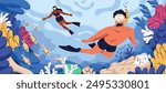 Snorkeling and diving underwater. Tourists couple, divers with oxygen masks, goggles and tube, swimming under water, exploring marine coral reef, seabed, bottom nature. Flat vector illustration