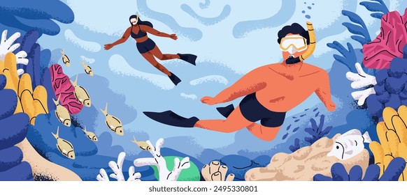 Snorkeling and diving underwater. Tourists couple, divers with oxygen masks, goggles and tube, swimming under water, exploring marine coral reef, seabed, bottom nature. Flat vector illustration