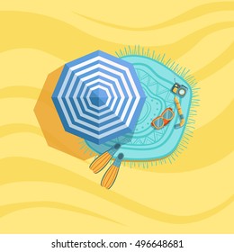 Snorkeling Equipment, Camera And Umbrella Spot On The Beach Composition