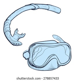 Snorkeling equipment. Diving mask and snorkel drawn in a sketch style and isolated on a white background. EPS10 vector illustration.
