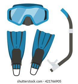 Snorkeling equipment. Diving mask, snorkel and flippers vector flat design isolated on white background.