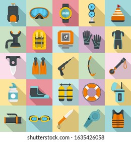 Snorkeling equipment icon set. Flat set of snorkeling equipment vector icons for web design