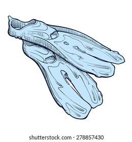 Snorkeling equipment  split fins drawn in a sketch style and isolated on a white background. EPS10 vector illustration.