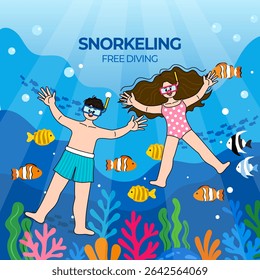Snorkeling and Free Diving Adventure. A man and a woman are wearing snorkeling gear and enjoying an underwater expedition.