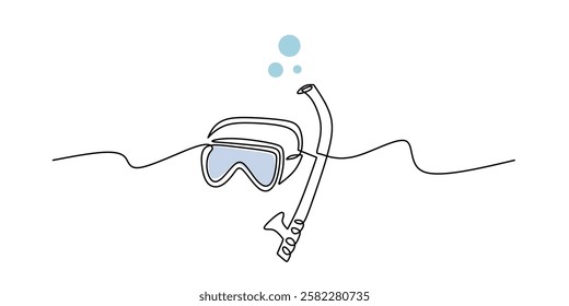 Snorkeling gear drawn in a single continuous line. Concept of ocean exploration, scuba diving, and aquatic sports. Vector illustration hand drawn.