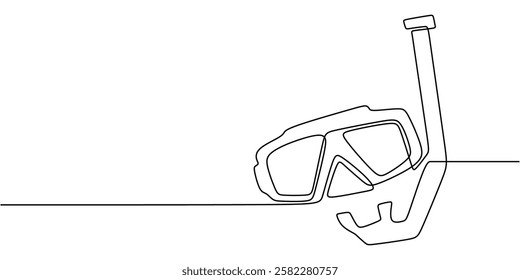 Snorkeling gear drawn in a single continuous line. Concept of ocean adventure, marine sports, and diving equipment. Vector illustration hand drawn.