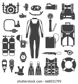 Snorkeling gear set. Scuba elements. Diving kit. Scuba-diving vector icons in outline design. Underwater activity accessories in black and white. Wetsuit, mask, snorkel, fins, oxygen, regulator.