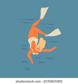 Snorkeling Girl in Tropical Waters. Minimalist Ocean Illustration.