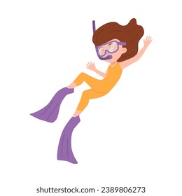 Snorkeling girl, vector illustration on white background. Cute kid in flippers and snorkel underwater, child is swimming. Design cartoon element for children's goods, diving and underwater sports.